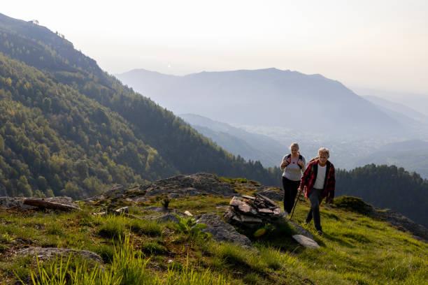 istock Senior couple hike on mountain ridge 1495282479