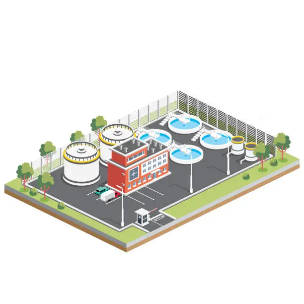 Vector illustration of Isometric Wastewater Treatment Facility. Infographic Design Element Isolated on White Background.