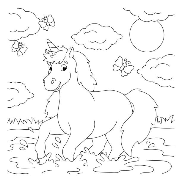 A Cheerful Unicorn Jumps On The Water Coloring Book Page For Kids Cartoon  Style Character Vector Illustration Isolated On White Background Stock  Illustration - Download Image Now - iStock