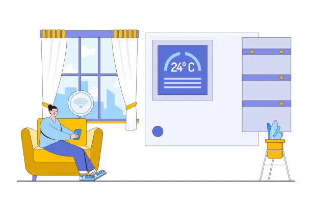 Vector illustration of Smart Home Technology Concept with a Person Adjusting the Thermostat
