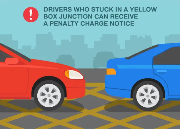 Vector illustration of Car driving tips and traffic regulation rules. Close-up of a cars stuck in a yellow junction box.