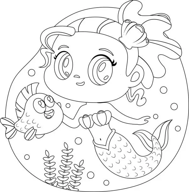 Vector illustration of Outlined Cute Little Mermaid Girl Cartoon Character Swims Underwater With Fish