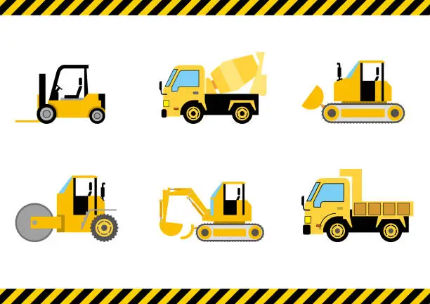 Vector illustration of An illustration set of super-deformed automobile vehicles Construction vehicles excavator, dump truck, bulldozer, forklift, road roller.