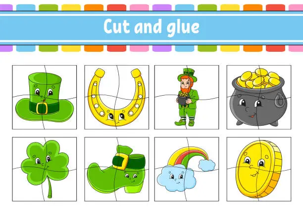 Vector illustration of Cut and play. Paper game with glue. Flash cards. Education worksheet. Activity page. St. Patrick's Day. Isolated vector illustration. cartoon style.