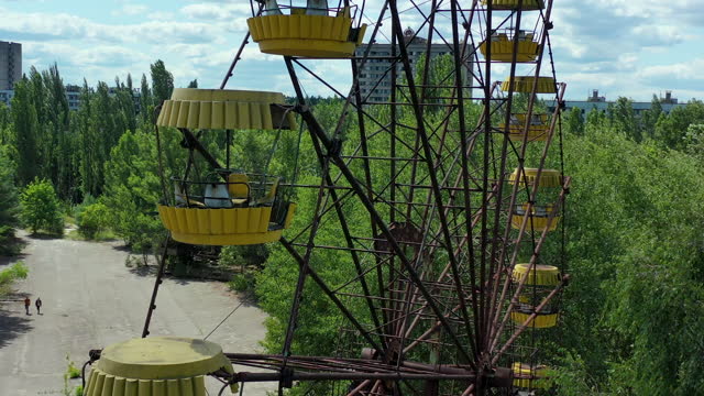 Abandoned ferris wheel of chernobyl, aerial drone shot, Chernobyl exclusion zone