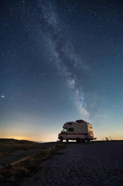 istock Camper van on the background of a starry night sky 1495289360