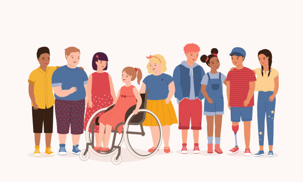Diverse Group Of Kids Making Friends With Special Needs Children. Smiling Racial Diversity Group Of Kids With Different Skin Tones, Hair Styles And Body Sizes Making Friends With Special Needs Children In Wheelchair And Prosthetic Leg. Isolated On Color Background. junior high age stock illustrations