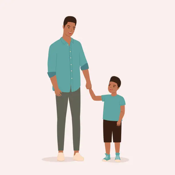 Vector illustration of Black Father And Son Standing And Holding Hands Together.
