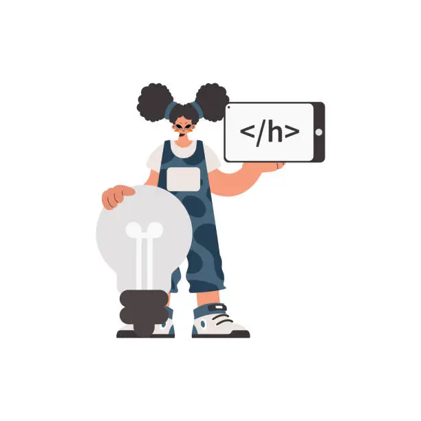 Vector illustration of The energized woman is holding a browser window with a programming picture, and to boot standing near a colossal light bulb. Pulled back on white establishment. Trendy style, Vector Illustration