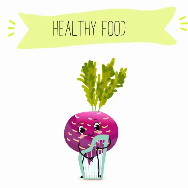 Vector illustration of Illustration with funny vegetables characters  black swede, Danish swede, red winter radish. Funny and healthy food. Vitamins, salad, cute face food, ingredients.