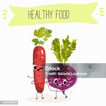 istock Illustration with funny vegetables characters  black swede, Danish swede, red winter radish. Funny and healthy food. Vitamins, salad, cute face food, ingredients. 1495291903