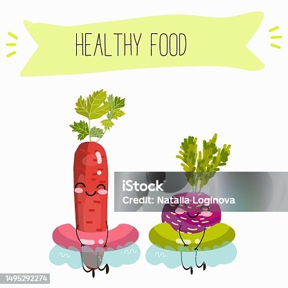 istock Illustration with funny vegetables characters  black swede, Danish swede, red winter radish. Funny and healthy food. Vitamins, salad, cute face food, ingredients. 1495292274