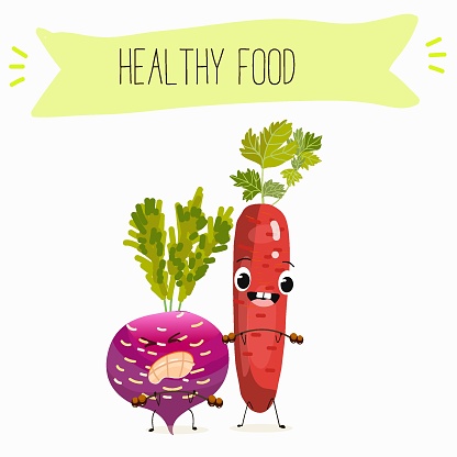 Illustration with funny vegetables characters  black swede, Danish swede, red winter radish. Funny and healthy food. Vitamins, salad, cute face food, ingredients.