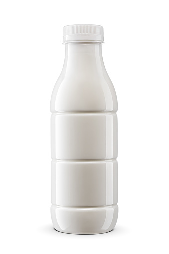 White plastic bottle for dairy foods isolated on white background. Milk, yogurt, drinks package.