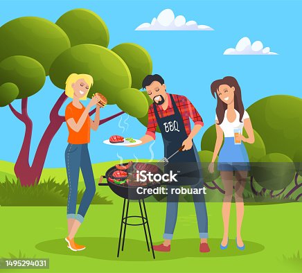 istock Happy friends at barbecue party concept. People at picnic cooking tasty food on grill outdoors 1495294031