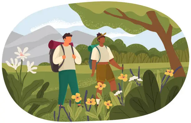 Vector illustration of Couple travelers with backpacks and hiking stick walking. Outdoor travelling and nature camping