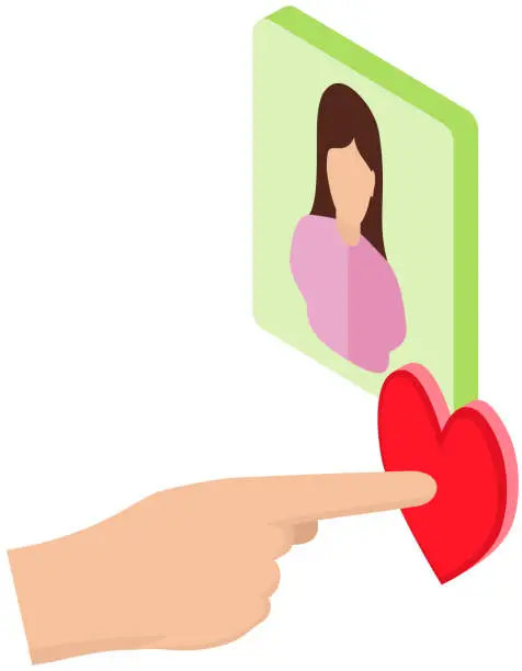 Vector illustration of Smartphone finger click with heart. Online dating app concept. Male hands and brown-haired woman