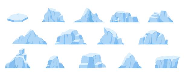 kreskówkowe góry lodowe, topniejący lodowiec i antarktyczna góra lodowa w oceanie. arktyczne góry śnieżne, lodowe skały polarne. ciasno elementy wektorowe bieguna północnego - iceberg ice mountain arctic stock illustrations