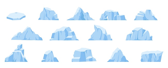 Cartoon icebergs, melting glacier and antarctic iceberg in ocean. Arctic snow mountains, ice polar rocks. Snugly north pole vector elements of iceberg sea collection illustration
