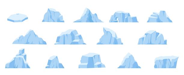 Cartoon icebergs, melting glacier and antarctic iceberg in ocean. Arctic snow mountains, ice polar rocks. Snugly north pole vector elements vector art illustration
