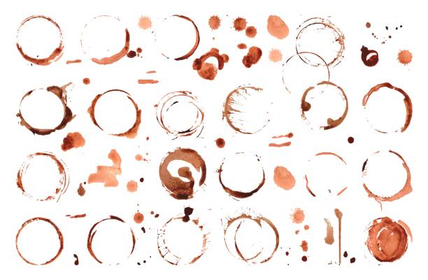 ilustrații de stoc cu pete izolate de ceai de cafea pe suprafața mesei. cacao sau cola bea pata cerc, inele abstracte murdare și picături. grunge elemente decorative neoterice vector - inel