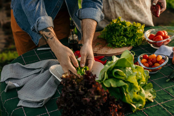 Making a fresh organic salad stock photo