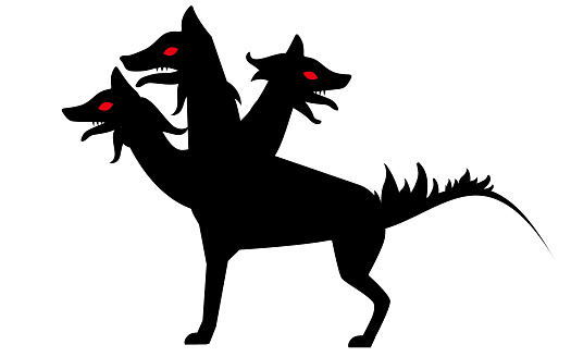 Illustration of the silhouette of Cerberus from Greek mythology. The background is transparent.