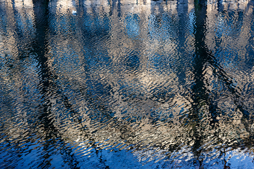 Abstract reflections of sky, trees and building on water with ripples