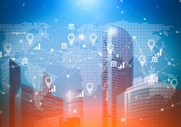 Double exposure of abstract digital world map hologram on Chicago office buildings background, big data and blockchain concept