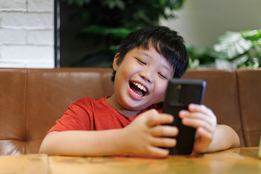 The adorable Asian boy is having a fun time video calling his friends and family using a smartphone, staying connected with his loved ones through technology.