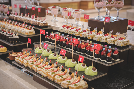 Dessert table in a Turkish hotel. Various cakes and sweets on buffet