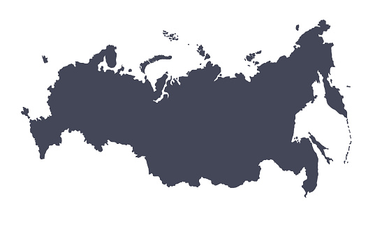Russia map black silhouette on white background. Hand drawn contour, country borders. Isolated vector element for banner background design, geographic, travel, russian event illustration.