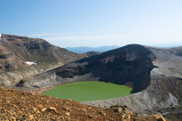View of crater lake Okama from Mt. Katta stock photo