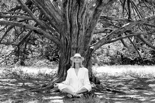 Woman doing Yoga under a tree.