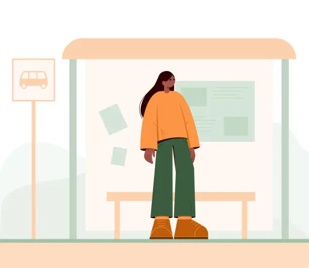 Vector illustration of Young woman waiting for the bus while standing at the bus stop. Vector illustration