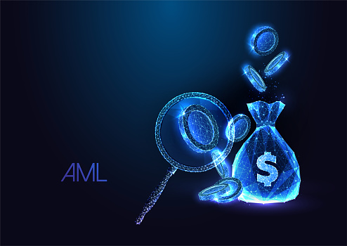 Concept of Anti money laundering in futuristic glowing low polygonal style with falling coins, bag of dollars and magnifying glass on dark blue background. Modern abstract design vector illustration.