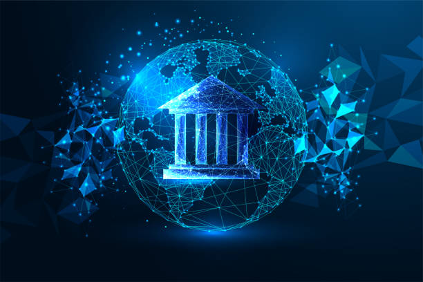 stockillustraties, clipart, cartoons en iconen met digital banking, global networking, cyber security concept in futuristic glowing low polygonal style - overheid