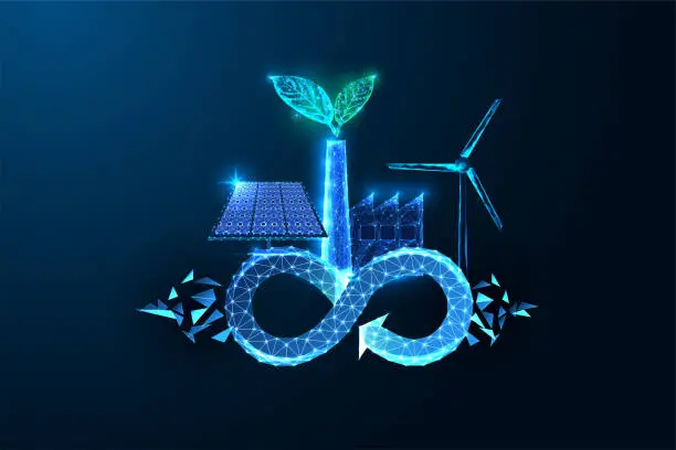 Vector illustration of Circular Economy concept in futuristic glowing style with renewable energy sources and green factory