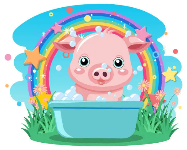 Vector illustration of Pig cartoon taking a bath