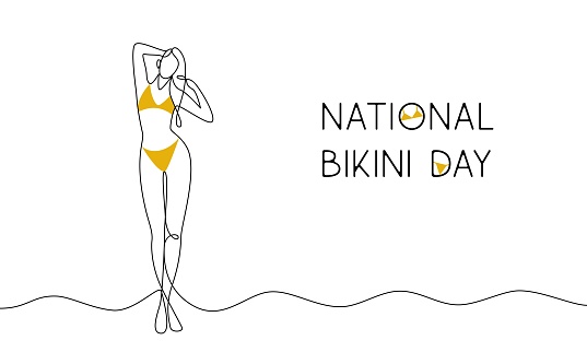 National Bikini Day. Woman in bikini on the beach. Continuous line illustration