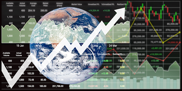 Global stock markets index growth image with graphs, charts, candlesticks, numbers and arrow up symbols for business data visualization presentation and reports background.Earth image from https://www.nasa.gov/content/blue-marble-image-of-the-earth-from-apollo-17