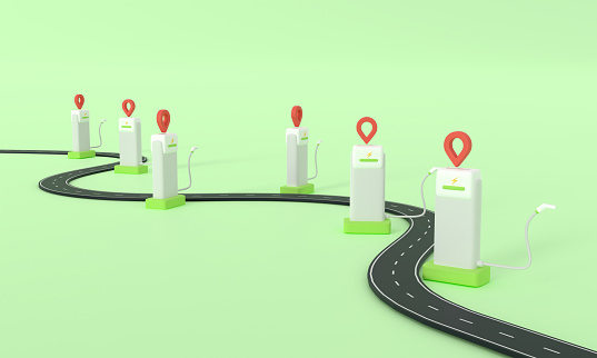 EV Electric Car stop on way road at Charging Station Location map pin Ecology refill Clean Power Battery ecology zero emission Concept isolated green background 3d rendering