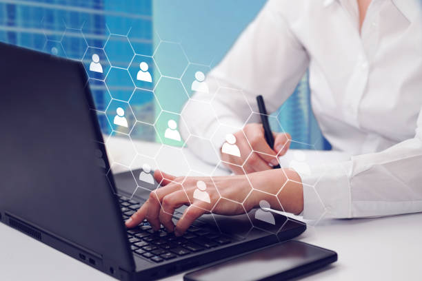 istock Human resources and management concept. Employee must complete the online survey form. Marked checklist on a clipboard.  consulting, e-learning concept background. 1495310019