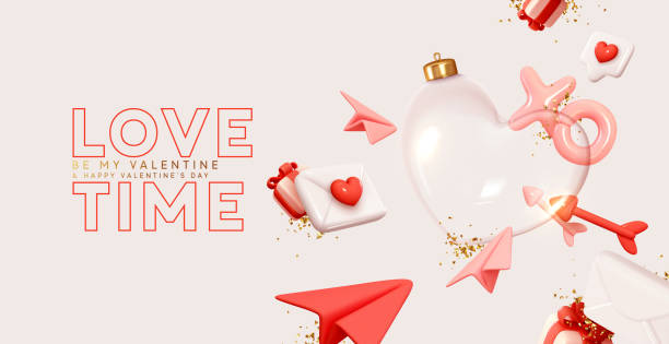 istock Valentines day background. Transparent glass heart, falling gold glitter confetti, postal envelopes, gift box. Realistic 3d design. Holiday ornament glass heart empty inside. vector illustration 1495310160