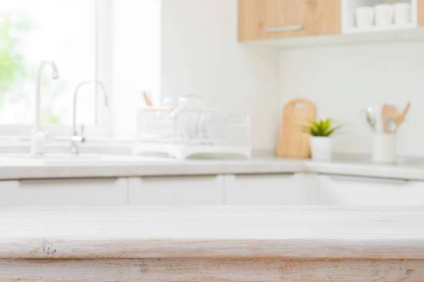 istock Wooden table top on blurred modern kitchen sink interior background 1495311867