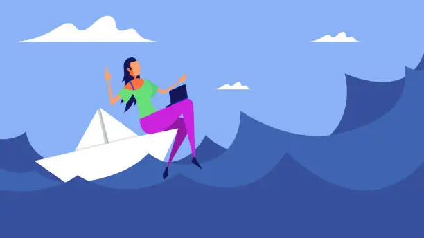 Vector illustration of Business Woman Floating on Paper Ship