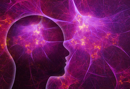 Human brain in head silhouette with fractal art background depicting neural activity.