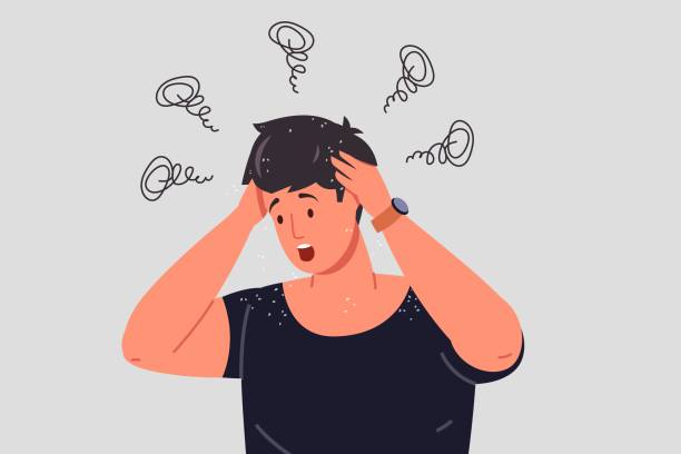 Itchy head. Nervous man scratching scalp of hands, dandruff in messed hair or clothing, worry guy with dry itching skin dermatitis infestation psoriasis problem vector illustration Itchy head. Nervous man scratching scalp of hands, dandruff in messed hair or clothing, guy with dry itching skin dermatitis infestation psoriasis problem vector illustration of head problem hair dandruff men stock illustrations