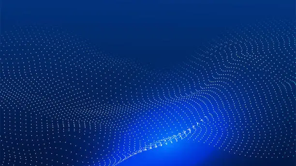 Vector illustration of Dynamic blue particle wave on dark blue abstract background. Abstract sound visualization. Digital structure of the wave flow of luminous particles.