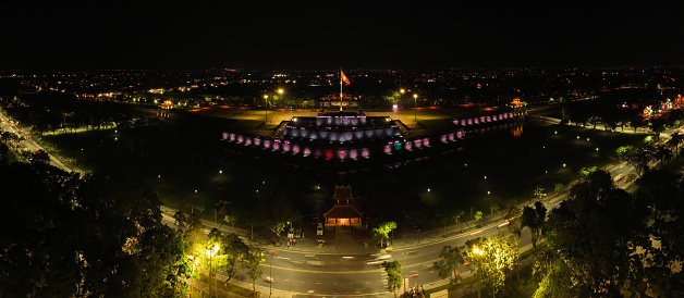 Panoramic photo of Hue Citadel Flagpole at night, Thua Thien Hue province